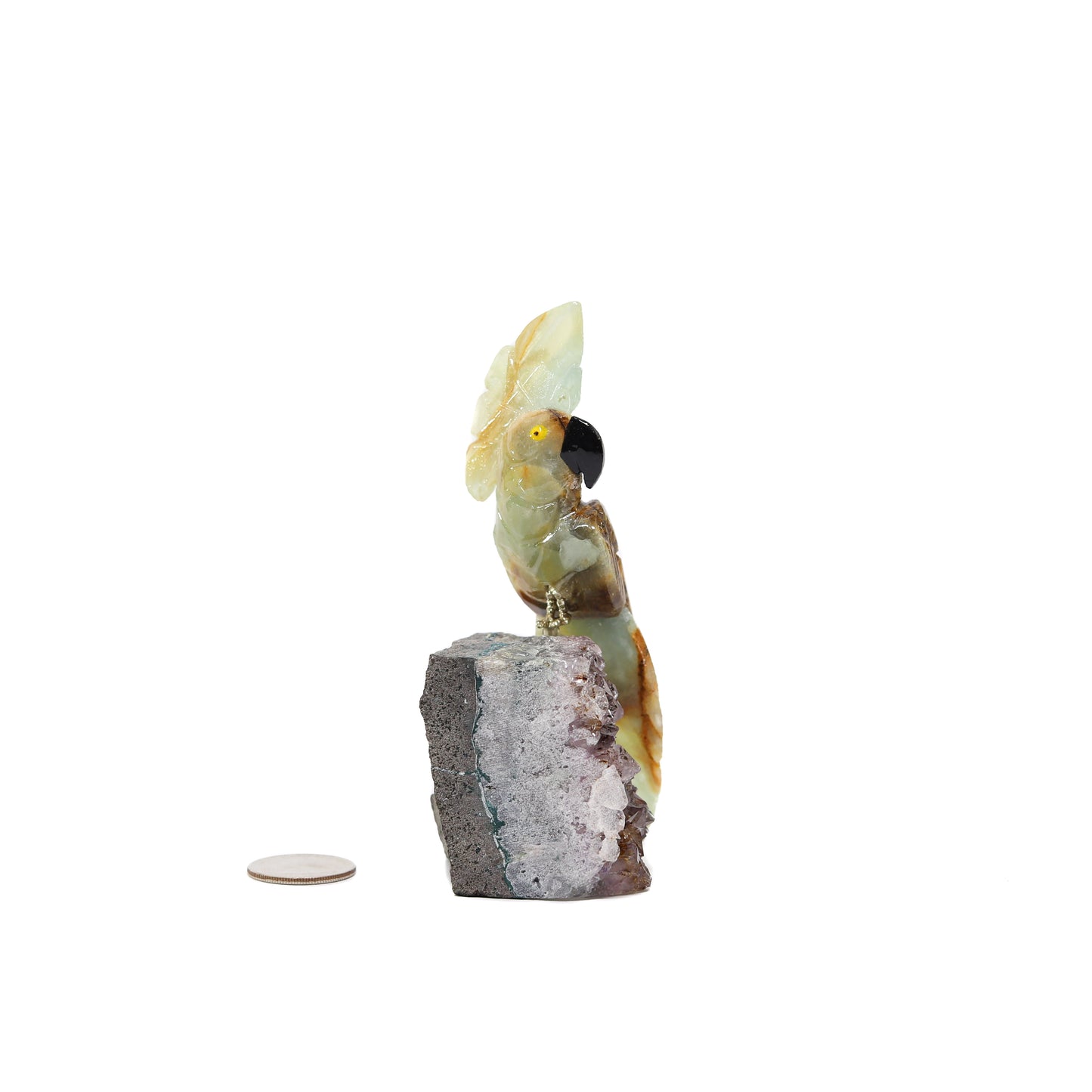 Green Calcite Bird on Amethyst Druze Base