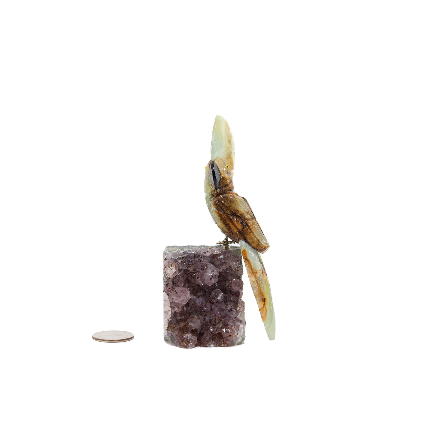 Green Calcite Bird on Amethyst Druze Base