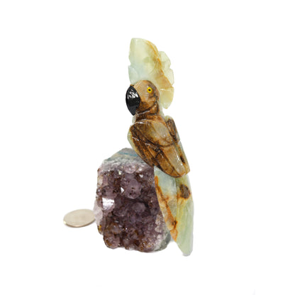 Green Calcite Bird on Amethyst Druze Base